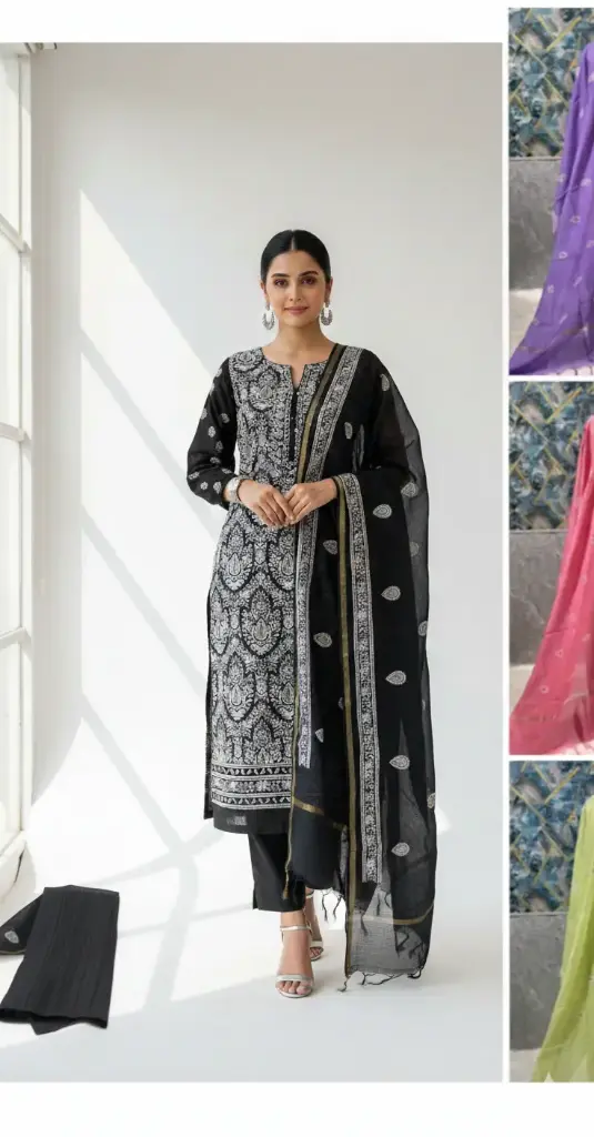 Banarsi Black Chanderi Cotton Silk Embroidery Three Piece Suit 