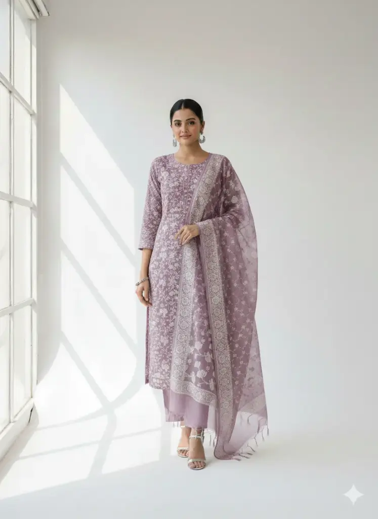 Banarsi Mauve (light Purple) Chanderi Cotton Silk Embroidered Three Piece Suit