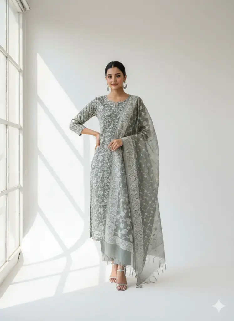 Banarsi Light Green Chanderi Cotton Silk Embroidered Three Piece Suit