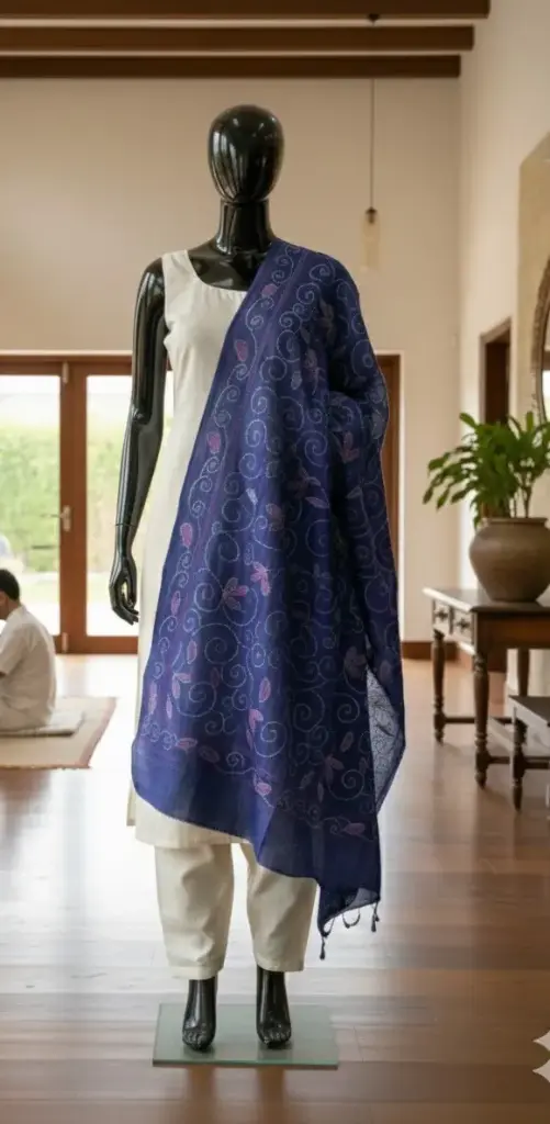 Royal Blue -Kantha Hand Embroidery  Matka Silk dupatta with multicolour floral motif.
