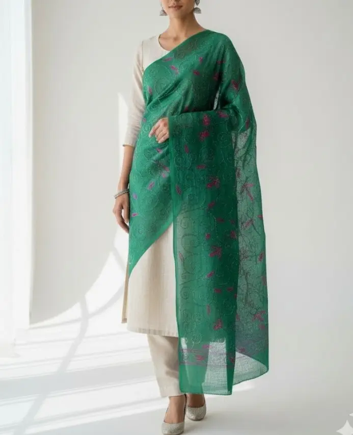 Dark Green- Kantha Hand Embroidery Matka Silk floral motif 