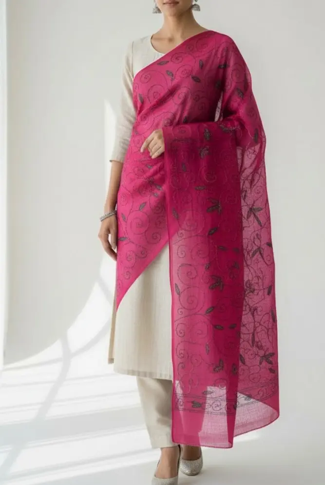 Pink- Kantha Hand Embroidery Matka Silk Dupatta