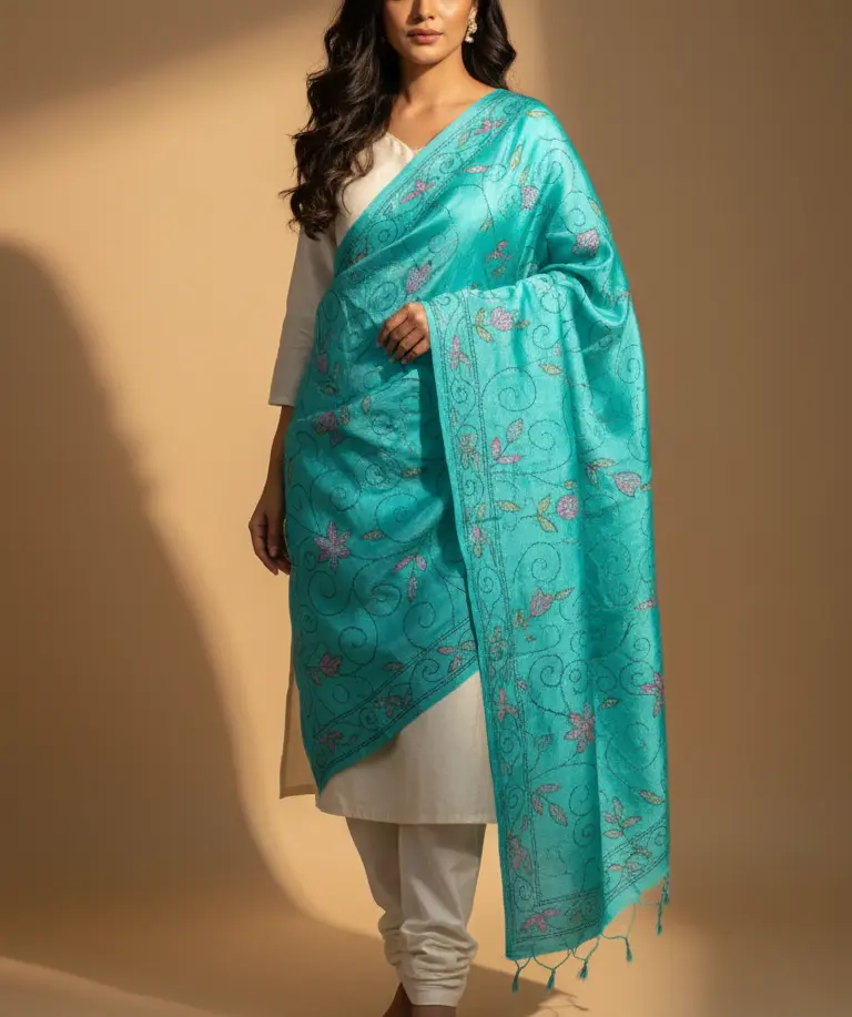 Kantha Hand Embroidery Matka Silk Dupatta with Border