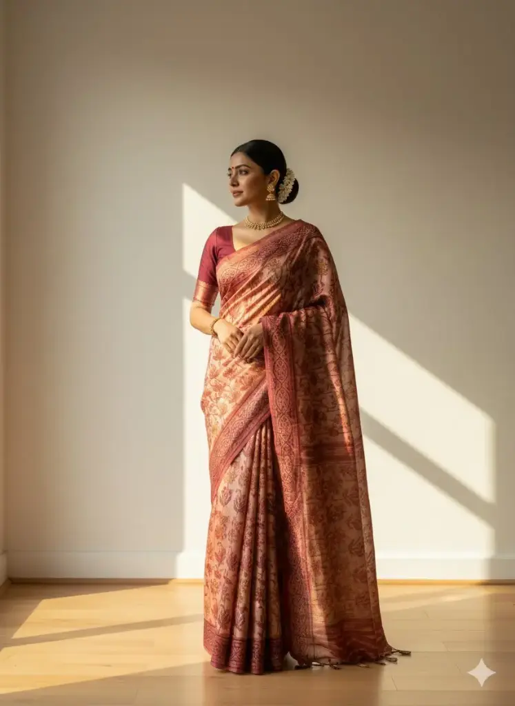 [MAS12600] Pure Ajrakh Modal Silk Rust Color Block Print Silk Saree / 100% pure Ajrakh modal silk with blouse piece.
