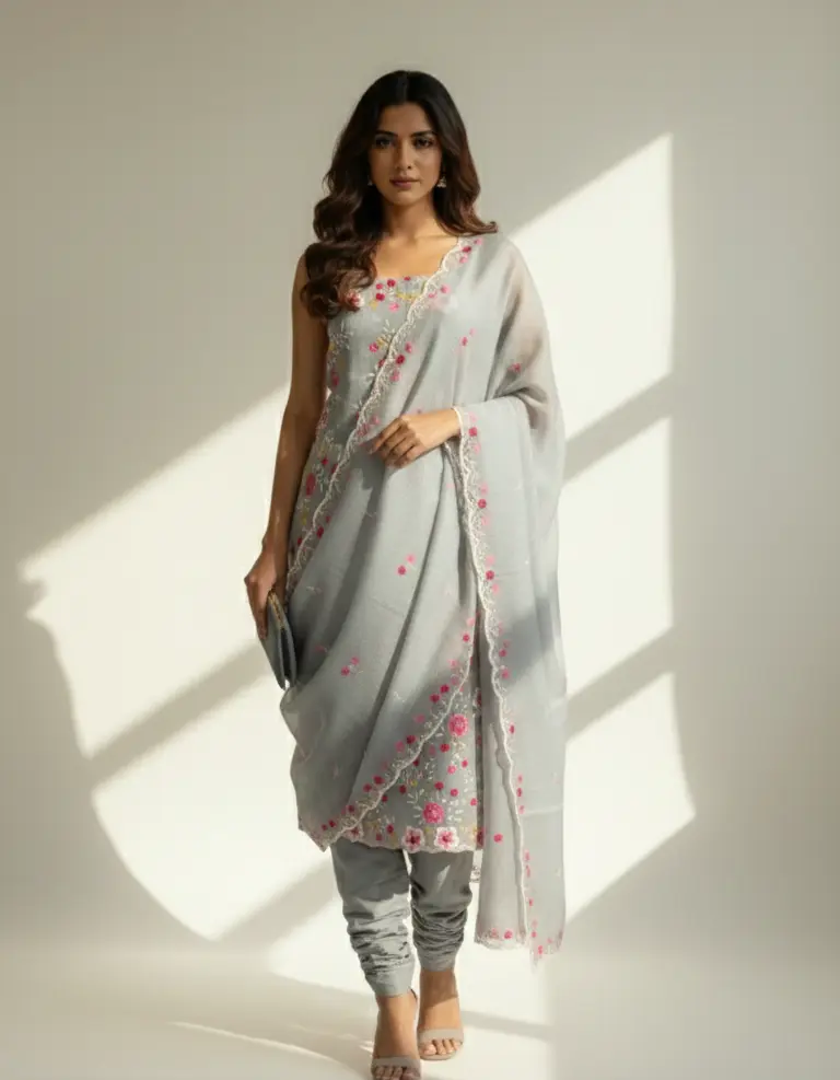 Designer Kota Doria Gray Embroidered Three Piece Suit Set 