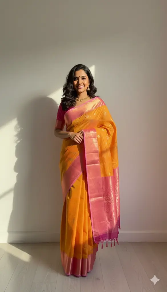 [KJS31000] Yellow and Pink Kanjivaram Soft Silk Saree