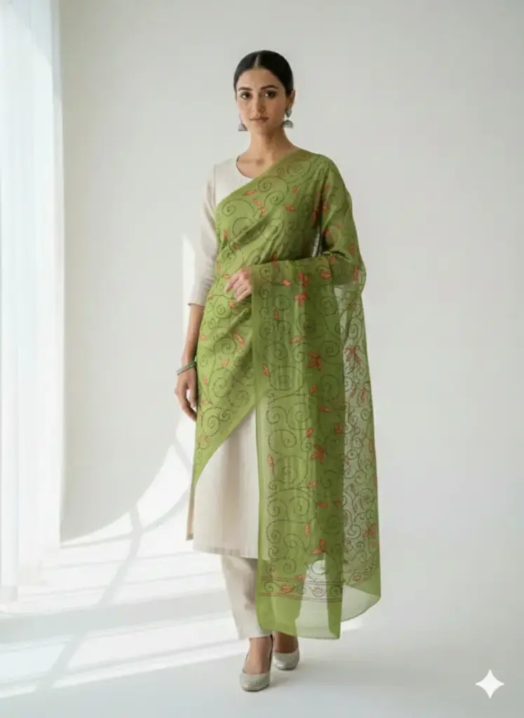 Parrot Green- Kantha Embroidery Matka Silk  Embellished Dupatta 