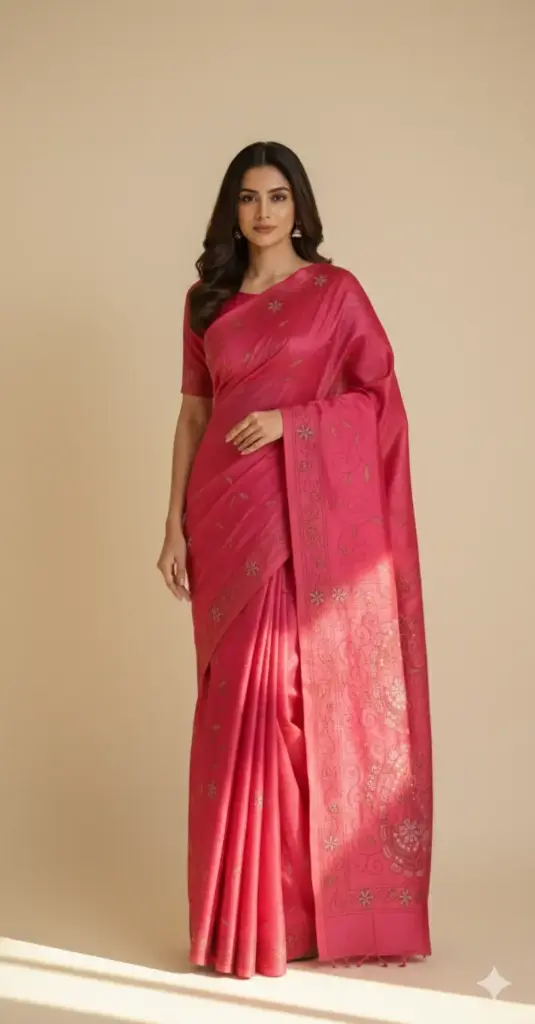 [SMSKNP1260025-1] Deep Pink- Kantha Hand Embroidery-Matka Silk Saree