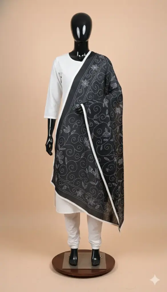 Black Kantha Dupatta Hand Embroidery Matka Silk floral motif