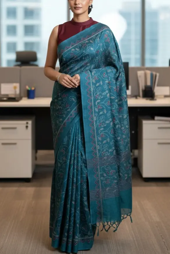 Cotton Teal Kantha Saree: Hand-embroidered work with floral motifs