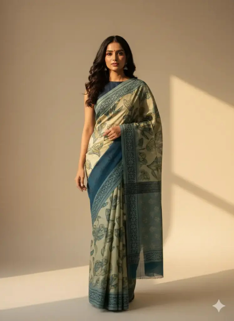 "Moss Green & fawn Ajrakh Modal Block Print Silk Saree / Exclusive hand-block printed Premium 100% pure ajrakh modal silk saree with blouse piece. " 