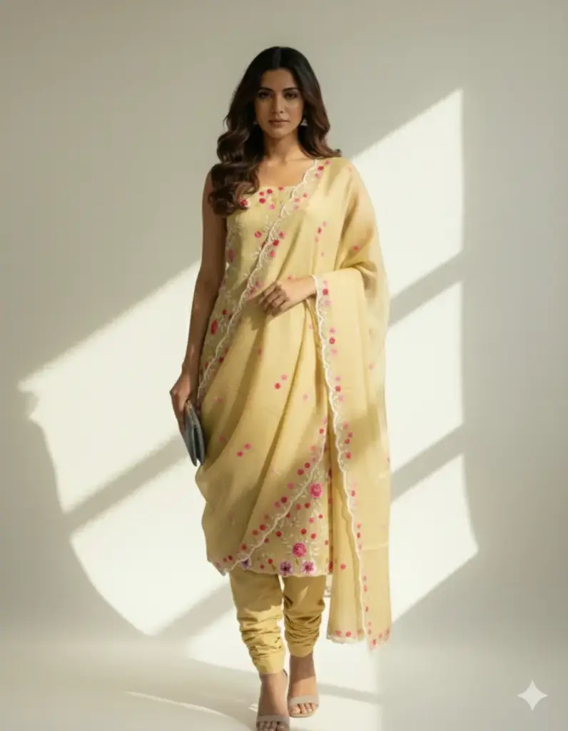 Designer Kota Doria Lemon Embroidered Three Piece Suit Set 