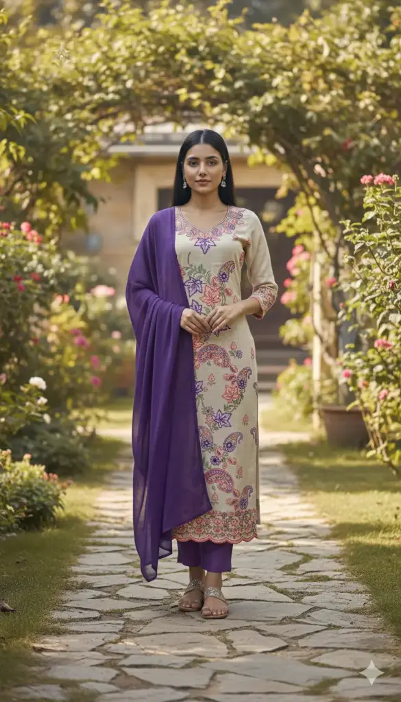 Ethnic Motifs Embroidered Kashmiri Unstitched Dress Material 