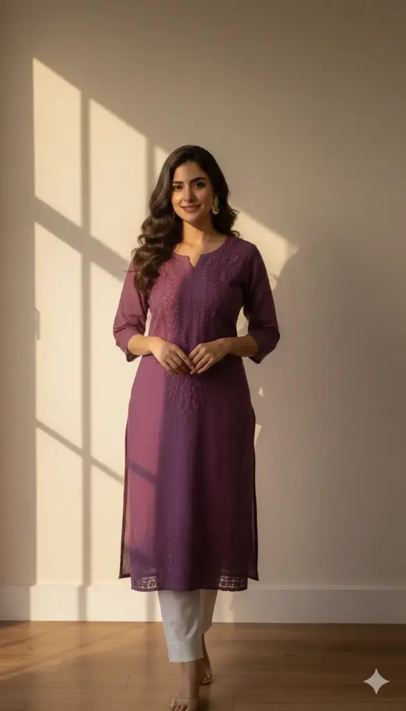  Hand Embroidered Wine Cotton Lucknowi Chikankari Straight Kurta 