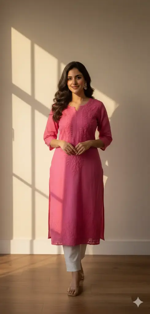 Hand Embroidered Wine Cotton Lucknowi Chikankari Straight Kurta 