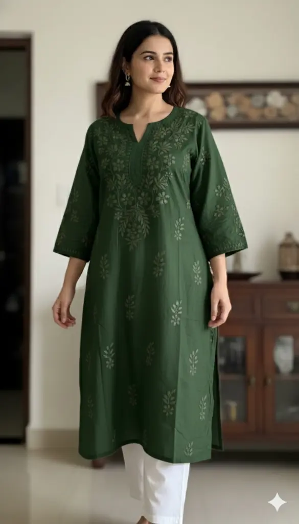Hand Embroidered Green Juniper Cotton Lucknowi Chikankari Straight Kurta