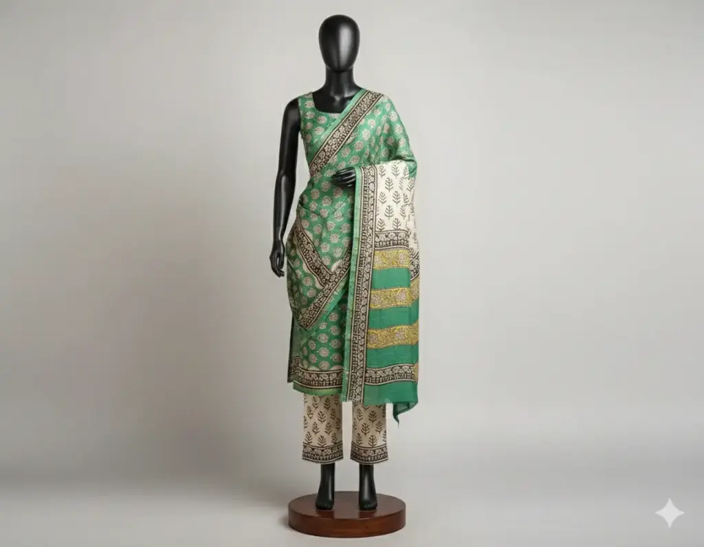  Bagru Hand Block Printed Green Chanderi Silk Suit Set