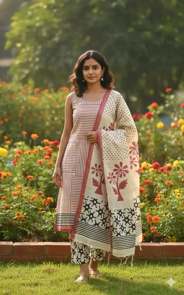 Chanderi Silk Suit Set Material-Bagru Hand Block Printed Red and Cream 