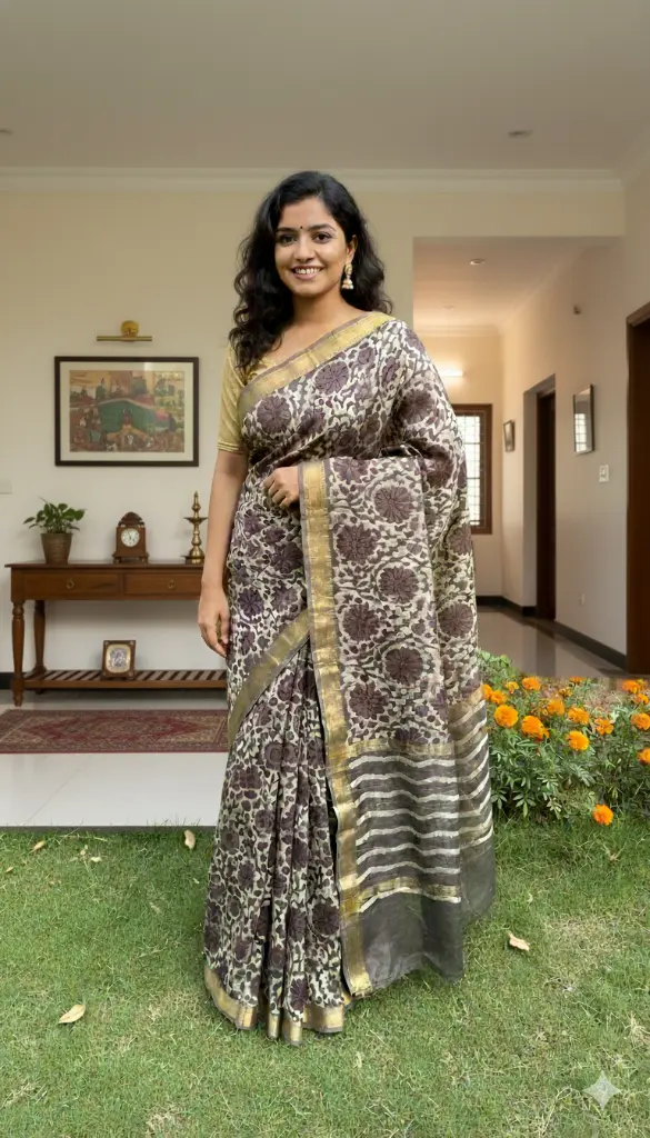 Gray Natural Vanaspati Block Print Maheshwari Silk Sari with Zari Border