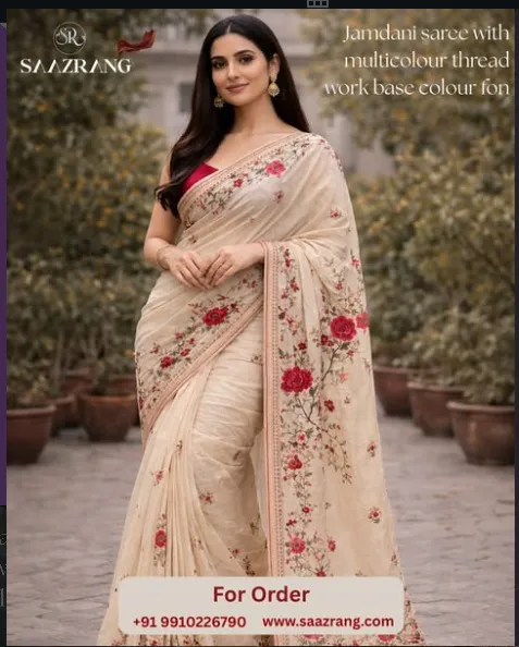 Graceful Jamdani saree adorned with intricate thread work